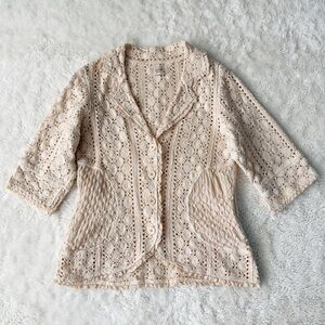 VTG Lamb Cream Crochet Knitted Lace Button Front Cardigan Top MEDIUM Coquette